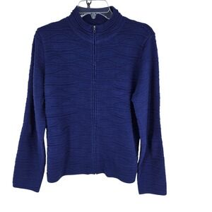 Coldwater Creek Sweater Womens Medium Blue Full Zip Mock‎ Neck Textured Knit